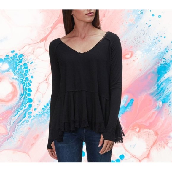 Free People TANGERINE Long Sleeve Top BLACK LARGE - Picture 2 of 2